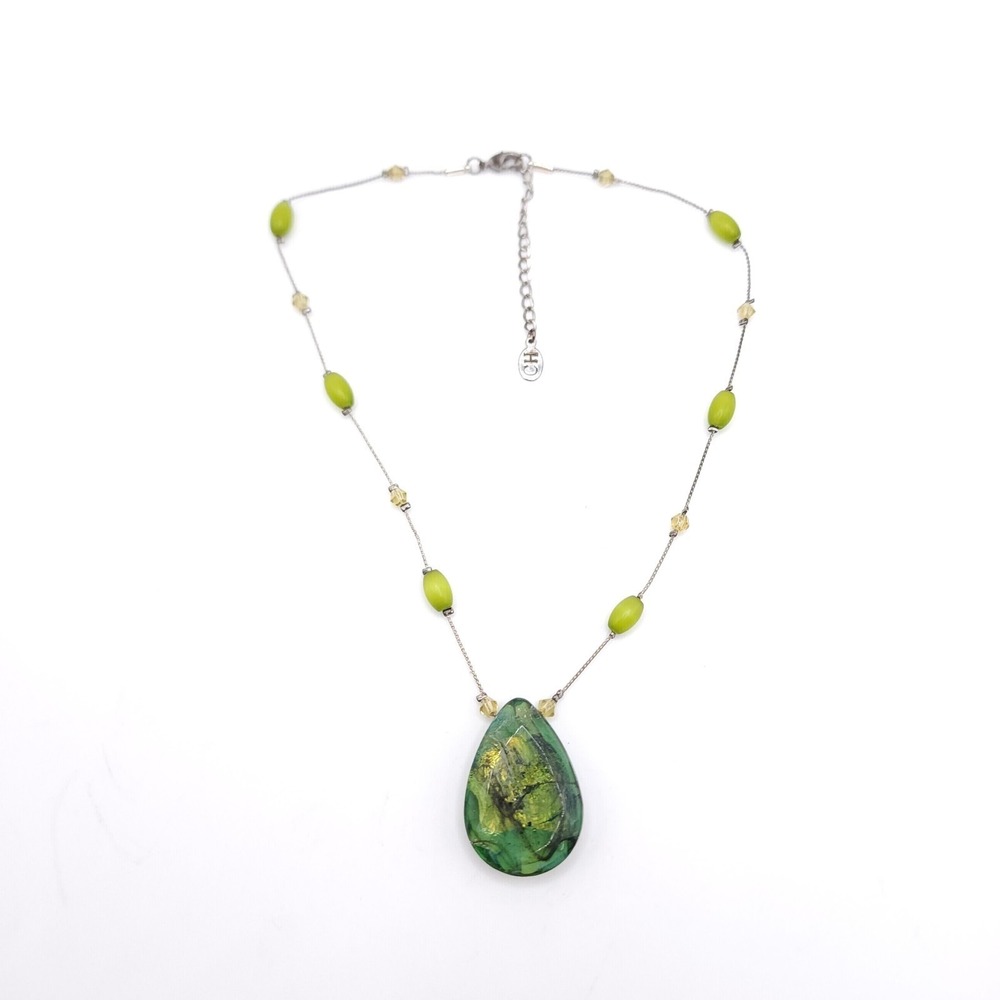 Liz Claiborne Green Cat Eye Necklace Teardrop Silver Beaded - Picture 3 of 6